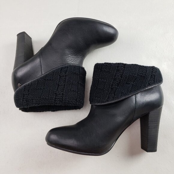Ugg Dandylion Leather Ankle Boot Womens 10 Black Heeled Knit Cuff Pull On Bootie - Picture 6 of 16